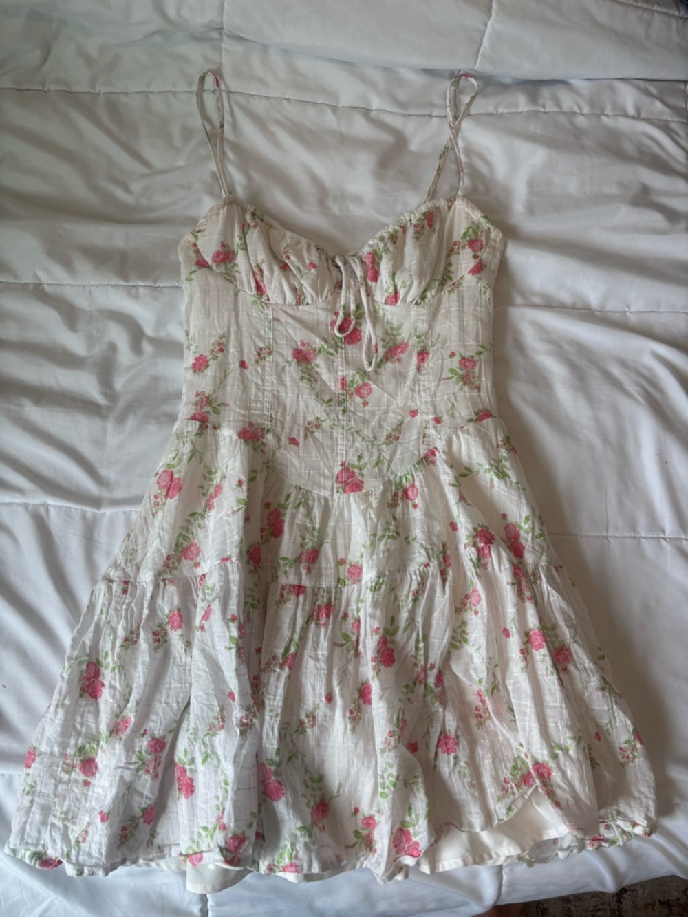 White Floral Spaghetti Strap Sundress with Pink Roses